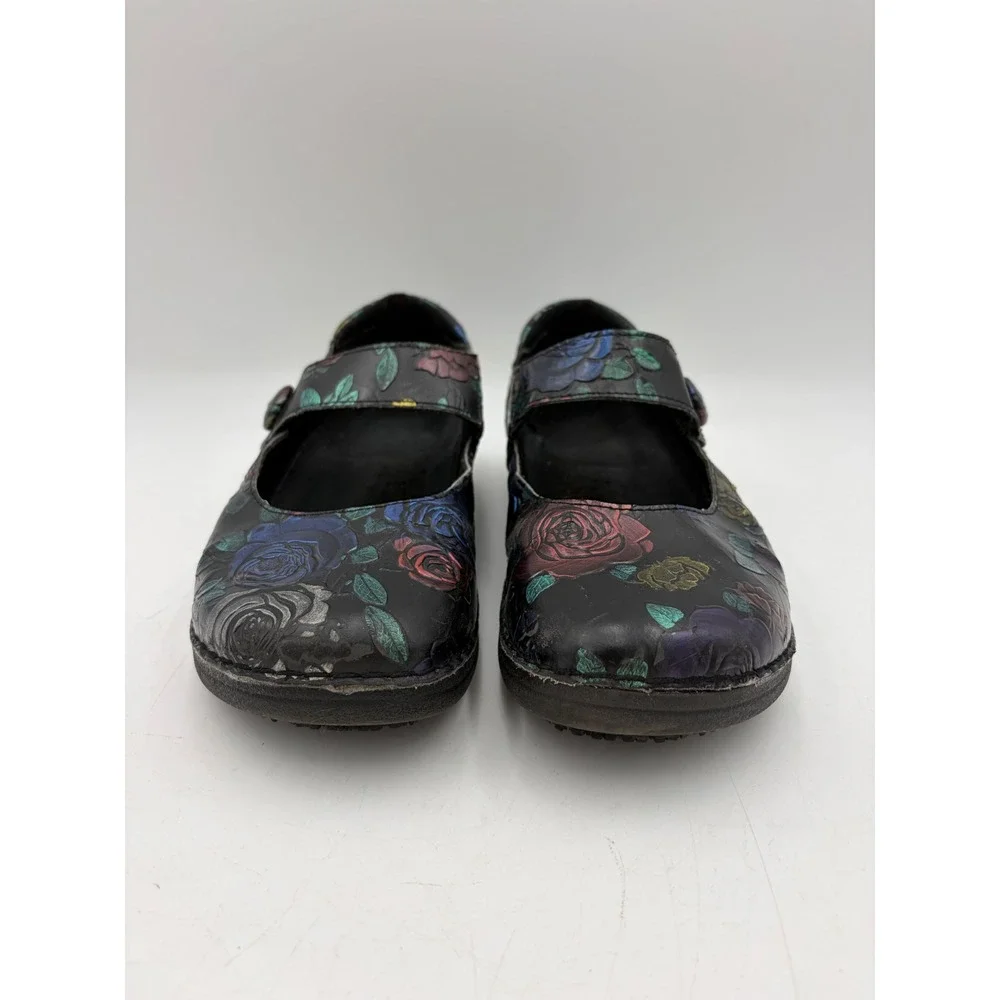 Spring Step Wajaria-Rose Black Floral Leather Mary Janes 9M Oil & Skid Resist